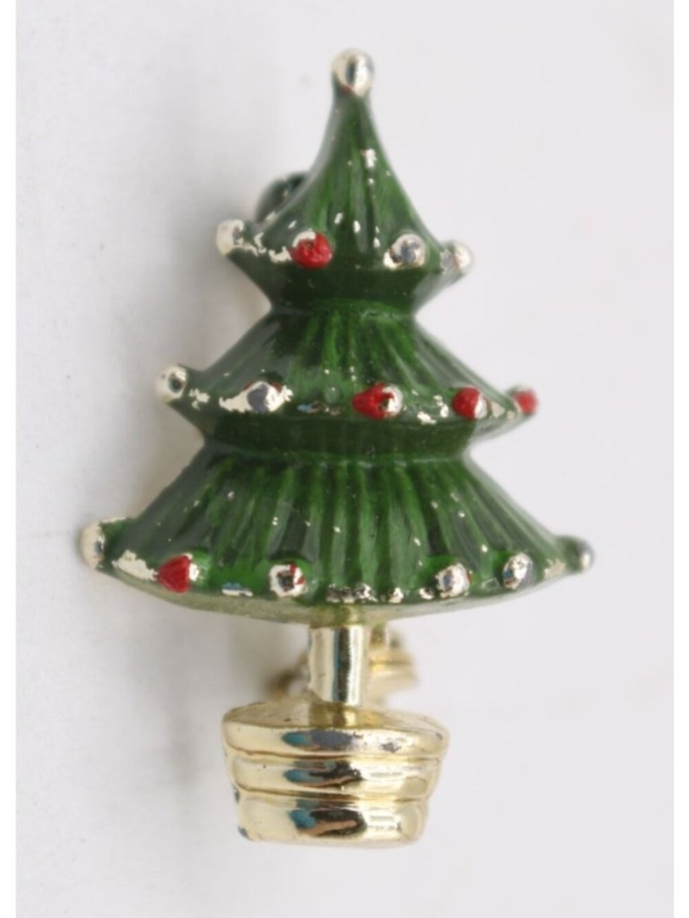 Christmas Tree Holiday Pin Brooch Green Enamel Gold Tone Red Silver Ornaments 1"